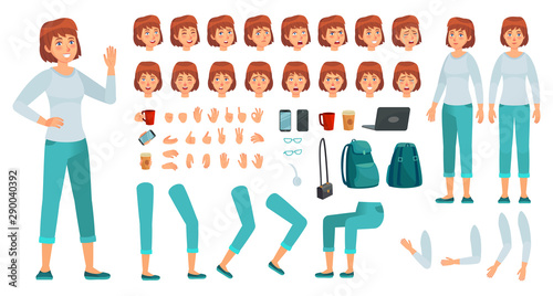 Cartoon female character kit. City in casual clothing woman creation constructor, different hands, legs and body poses. Custom girl character parts, female generator. Isolated vector icons set