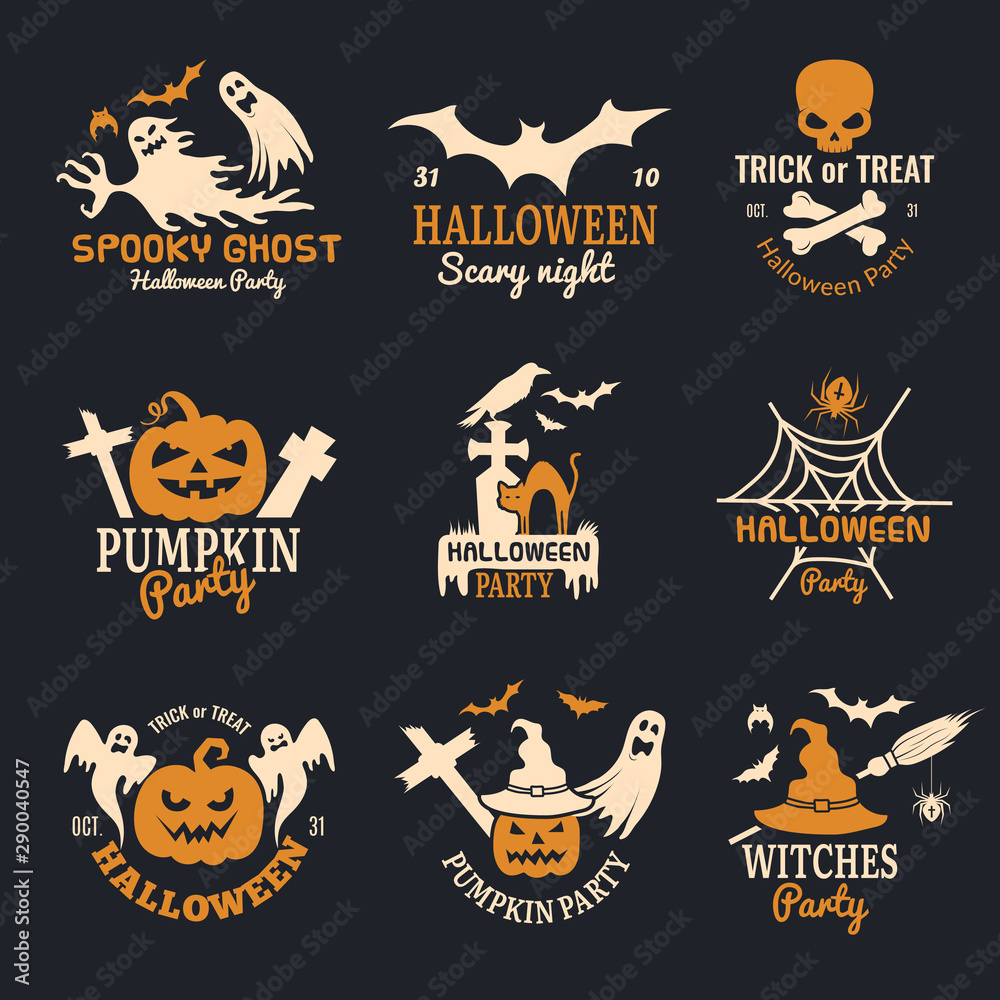 Halloween badges. Party scary logo horror symbols skull bones vector halloween collection. Horror party holiday halloween logo illustration