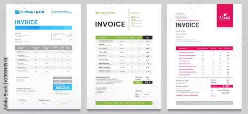 Business invoice form template. Invoicing quotes, money bills or price invoices and payment agreement design templates. Tax form, bill graphic or payment receipt page vector set photo