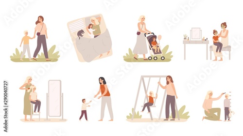 Mother and child. Mom play with daughter and son, motherhood love and happy kids. Parenting relationship, mom support kids. Isolated vector illustration icons set
