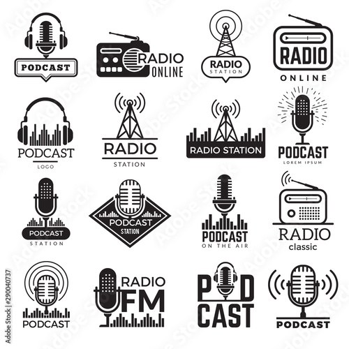 Radio station logo. Music studio podcast speaker vector badges collection. Radio station logo with antenna, broadcast logotype Fm illustration photo