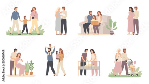 Parents and children. Young family with little baby, pregnant mom and father with son. Husband and wife with kids, familys lifestyle relationship. Isolated vector illustration icons set