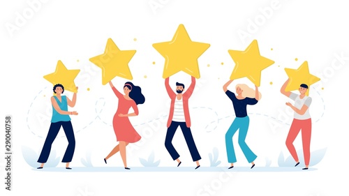People hold rating stars. Customer feedback, clients choices ratings and customers satisfaction review. Rate feedback, talent show award or positive vote vector illustration