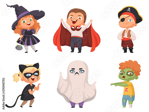 Halloween kids. Party children scary characters costume witch vampire vector cartoon halloween collection. Illustration halloween scary vampire costume, tradition autumn evil