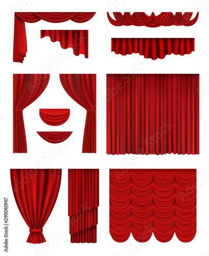 Curtain stage. Theatrical opera hall decoration red luxury silk curtains vector realistic collection. Illustration interior luxury red curtain made from velvet or silk