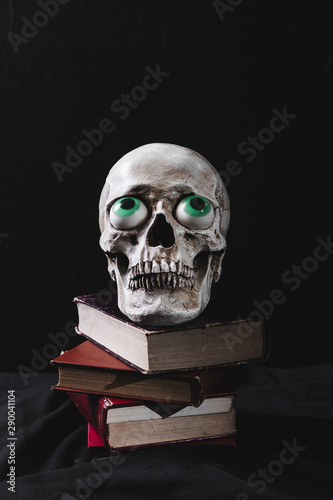 CraniumÂ with toy eyeballs on stacked books