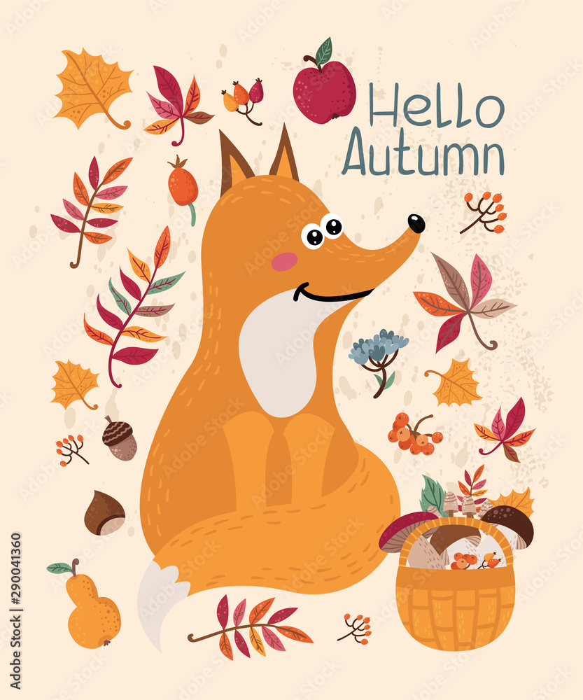 Plakat Autumn card with fox and leaves