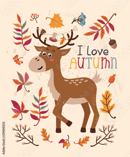Autumn card with deer and leaves