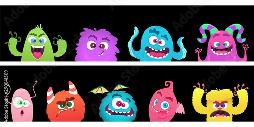 Cartoon monsters. Halloween monster faces vector banners template. Halloween monster spooky, funny beast and alien illustration