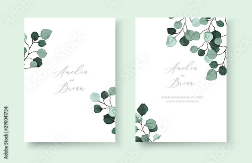 Wedding invitation card with silver dollar eucalyptus greenery leaves floral branches minimalist save the date design wreath and frame. Botanical mint green foliage plant rustic vector illustration