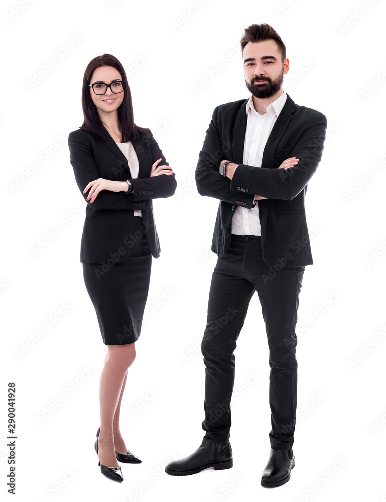 young woman and man in business suits isolated on white young woman and man in business suits isolated on white
