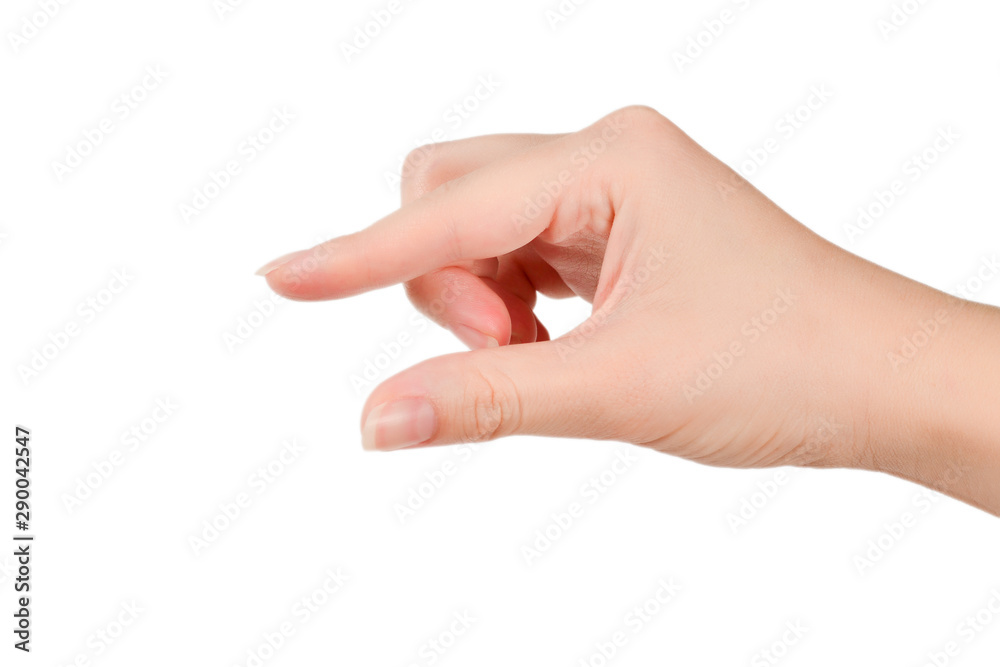 Hand of woman hold something isolated on white.