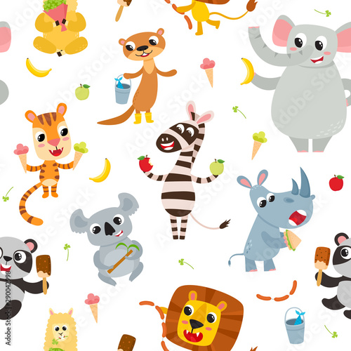 Cute adorable animals character eating different food.