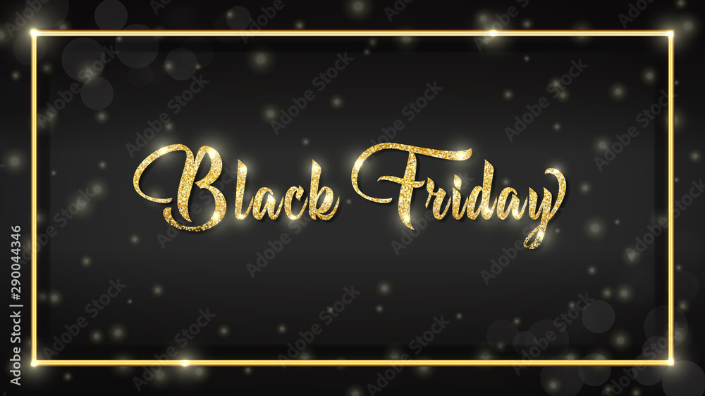 Golden Black Friday banner with glowing sparkles on Dark Background with rectangular golden frame. Golden Black Friday banner with glowing sparkles on Dark Background with rectangular golden frame.