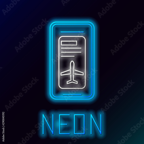 Blue glowing neon line Smartphone with electronic boarding pass airline ticket icon on black background. Passenger plane mobile ticket for web and app. Colorful outline concept. Vector Illustration