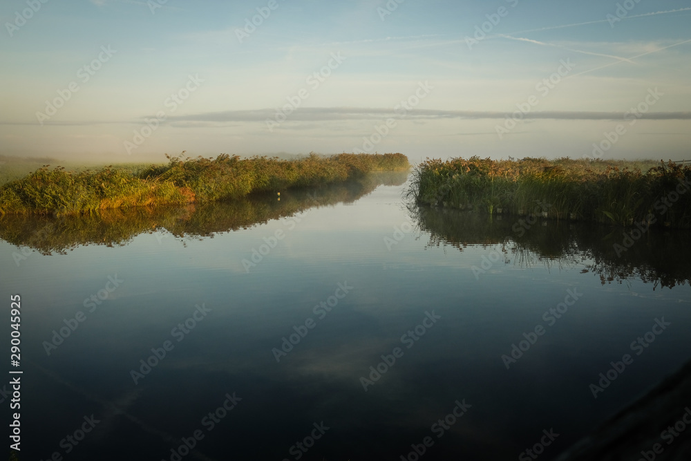 Foggy grass lands with water