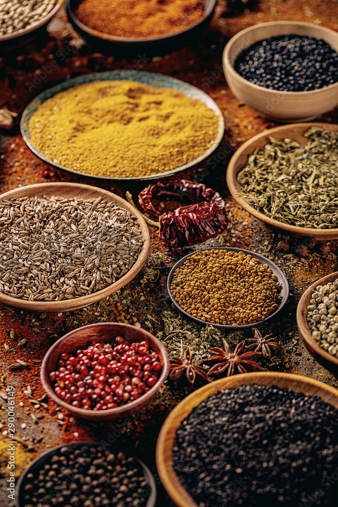 Variety of spices in bowls