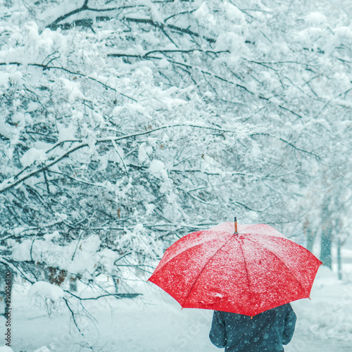 Fototapeta Naklejka Na Ścianę i Meble -  Woman under red umbrella walking in winter snow