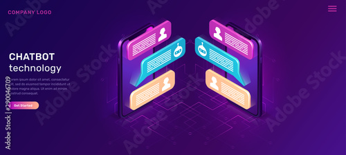 Chat bot or mobile chatting, isometric concept vector illustration. Dialog sms icons or text bubbles on screens of two smartphones facing each other, isolated on purple, ultraviolet background