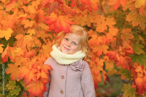 A girl with red hair plays in the autumn park. Autumn palette. Portrait of ginger child