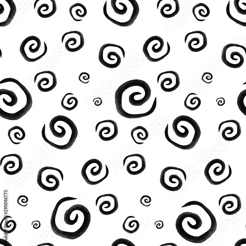 Abstract hand painted black spirales in modern style  hipster style. Authentic seamless pattern on white background.