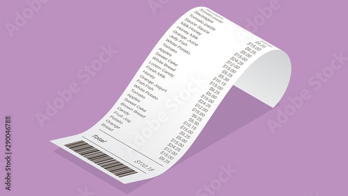 Isometric shop receipt, realistic isolated vector illustration. Curled paper payment bill with barcode, goods and their price for credit card or cash transaction photo