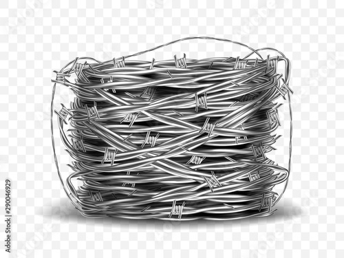 Coil of metal steel barbed wire with thorns or spikes realistic vector illustration isolated on transparent background with shadow