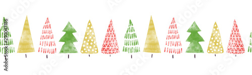 Seamless Christmas tree border hand drawn watercolor. Decorative hand painted repeating Winter holiday design for Christmas decoration, banners, ribbons, greeting cards, digital scrapbooking
