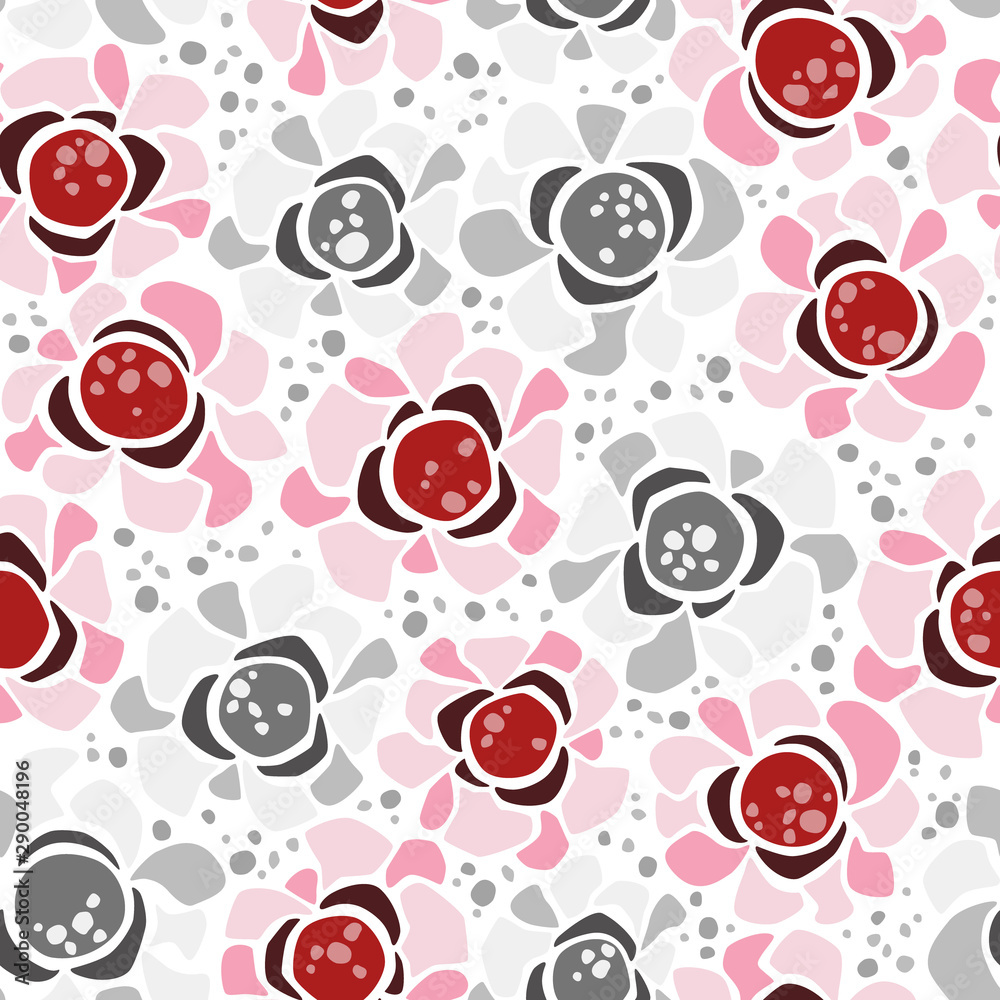 Fototapeta premium Seamless pattern with abstract flowers and spots on white background