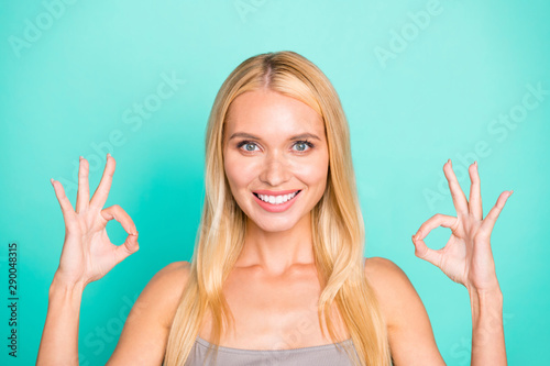 Close-up portrait of her she nice-looking attractive lovely lovable content cheerful cheery straight-haired girl showing two double ok-sign ad isolated on bright vivid shine green turquoise background