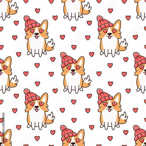 Seamless pattern with сute dog breed welsh corgi in love, on white background. Excellent design for packaging, wrapping paper, textile etc.