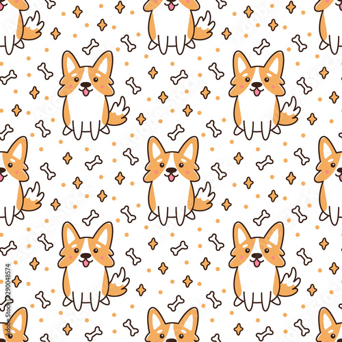 Cute pattern with dog breed welsh corgi on a white background with hearts, stars,bones. It can be used for packaging, wrapping paper, textile and etc.