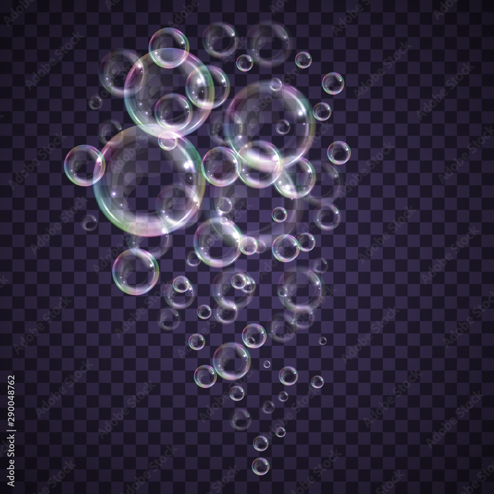 Realistic floating soap bubbles with rainbow reflection on transparent background. Design element for advertising booklet, flyer or poster Realistic floating soap bubbles with rainbow reflection on transparent background. Design element for advertising booklet, flyer or poster