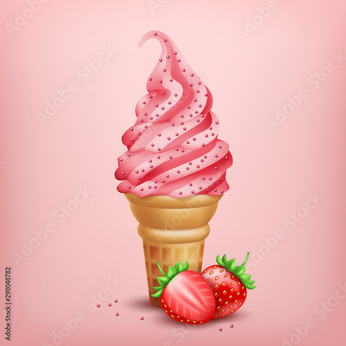 3d realistic ice cream cone with fresh strawberries on pink background