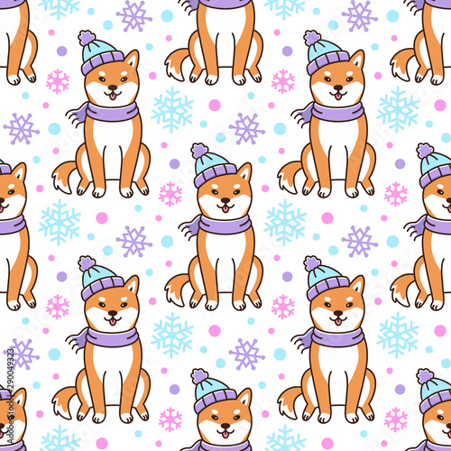 Seamless pattern with dog shiba inu in hat and scarf with snowflakes, on white background. Excellent design for packaging, wrapping paper, textile etc.