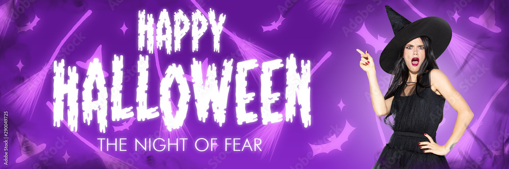 Young brunette woman in black hat and costume on scary purple background. Attractive female model pointing shocked, astonished. Black friday, cyber monday, sales, autumn concept. Flyer for your ad.