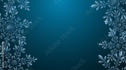 Christmas composition of large complex transparent snowflakes in light blue colors on dark gradient background. Transparency only in vector format