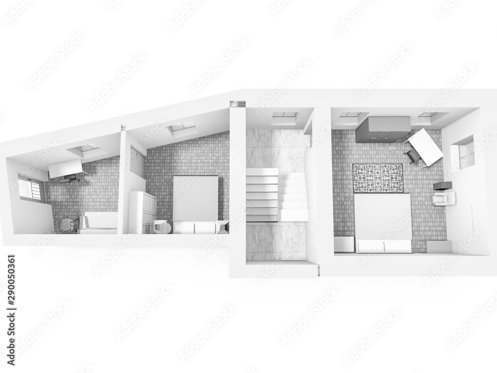 Suburban house interior. Black and White floor plan 3d of a modern apartment. Suburban house interior. Black and White floor plan 3d of a modern apartment.