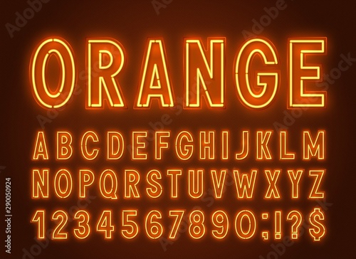 Neon orange font, light alphabet with numbers on a dark background.