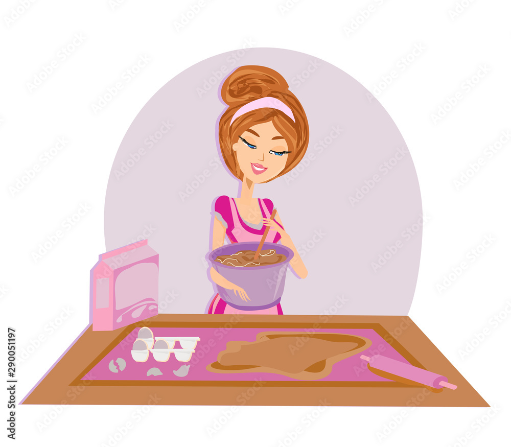 Cartoon of smiling woman in kitchen mixes the dough Cartoon of smiling woman in kitchen mixes the dough