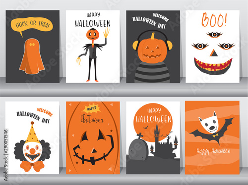 Set of Halloween Posters invitation cards,poster,template,greeting cards,cute,animal,Vector illustrations