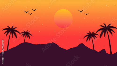 evening time, evening in desert, palm tree, dates, sea shore, sand, hills, mountains