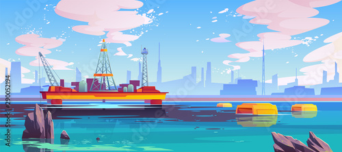 Oil cleaning in ocean, robots bio-cleaners floating around petroleum rig platform on sea surface purifying dirty polluted spot in water. Planet pollution ecological problem Cartoon vector illustration