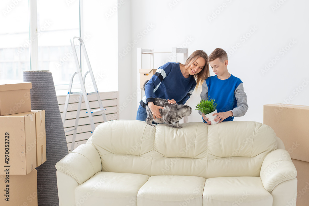 Young cute single mother and son are happy about the move to new house holding a lop-eared scottish cat and a pot of greens in their hands. Concept of housewarming and family space extensions.