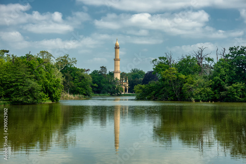 Cultural Landscape Area Complex Garden Minaret  View with Picturesque Blue Sky in Spring