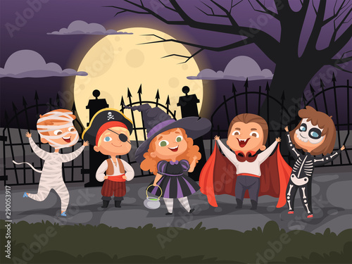 Halloween backgrounds. Kids playing in scary costumes for halloween devil horror party ghost zombie witch vector characters collection. Children playing halloween, creepy mummy pirate illustration