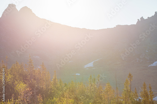 Very beautiful mountain landscape. A panoramic view from the mountain pass in Siberia