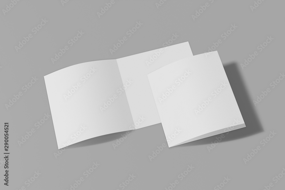 Two Mockup square booklet, brochure, invitation isolated on a grey background with soft cover and realistic shadow. 3D rendering. Two Mockup square booklet, brochure, invitation isolated on a grey background with soft cover and realistic shadow. 3D rendering.