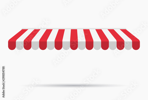 Awning canopy for shops, cafes and street restaurants. Striped red and white sunshade. Vector illustration. Outside canopy from the sun.