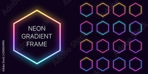 Neon gradient hexagon Frame with copy space. Templates set of Neon gradient hexagonal Border